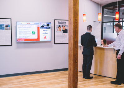 Lobby: Customers are greeted in the lobby by our Director of First Impressions and asked to sign in with a digital log-in system that supports building security protocols.