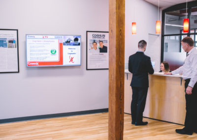 Lobby: Customers are greeted in the lobby by our Director of First Impressions and asked to sign in with a digital log-in system that supports building security protocols.