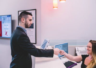 Lobby: Customers are greeted in the lobby by our Director of First Impressions and asked to sign in with a digital log-in system that supports building security protocols.