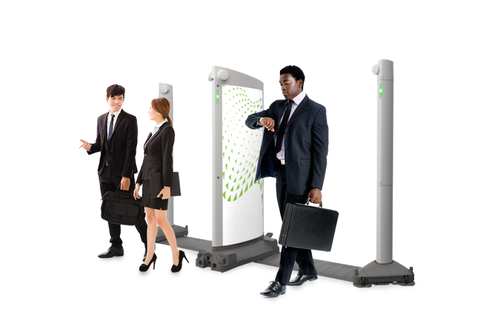 Evolv Express Transparent-01 A group of several people walking through an Evolv Express security device.