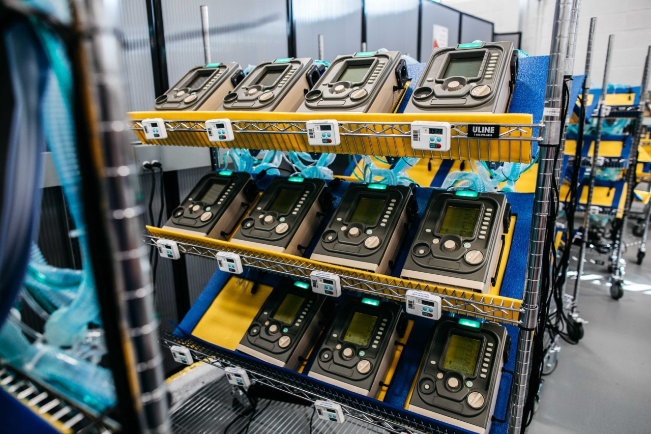 A rack of completed ventilator devices assembled at Cogmedix in collaboration with ZOLL medical.